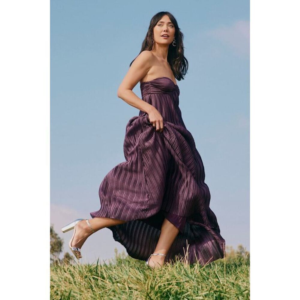 Lulus Whimsical Beauty Dark Purple Satin Plisse Strapless Maxi Dress - Size XS